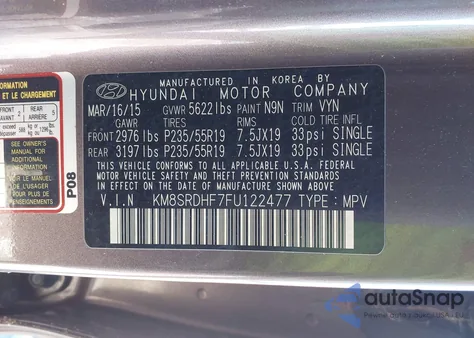 2015 Hyundai Santa Fe Gls из США, поврежденный, VIN KM8SRDHF7FU122477